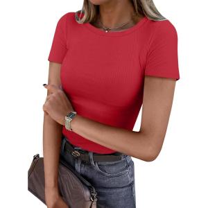 imageANRABESS Women Short Sleeve Crewneck Ribbed Knit Slim Fitted Shirts Summer Tops Basic Tee TShirt Casual Spring 2025 ClothesRed