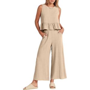 imageANRABESS Women Summer 2 Piece Outfits Sleeveless Tank Crop Top Wide Leg Pants Linen Jumpsuits Lounge Matching Beach SetsApricot