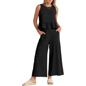 imageANRABESS Women Summer 2 Piece Outfits Sleeveless Tank Crop Top Wide Leg Pants Linen Jumpsuits Lounge Matching Beach SetsBlack