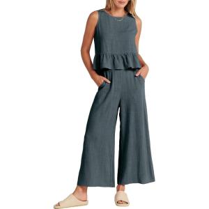 imageANRABESS Women Summer 2 Piece Outfits Sleeveless Tank Crop Top Wide Leg Pants Linen Jumpsuits Lounge Matching Beach SetsBlue Gray