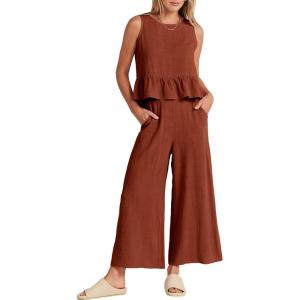 imageANRABESS Women Summer 2 Piece Outfits Sleeveless Tank Crop Top Wide Leg Pants Linen Jumpsuits Lounge Matching Beach SetsBrick