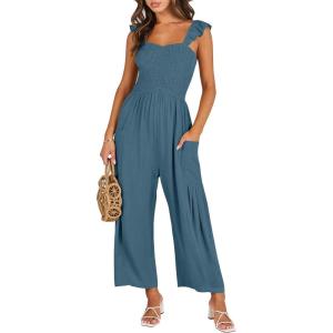 imageANRABESS Women Summer Casual Dressy Sleeveless Smocked Wide Leg Linen Jumpsuits Rompers 2025 Trendy Travel Outfit PocketTeal