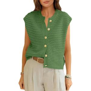 imageANRABESS Women Sweater Vests Sleeveless Cardigan Casual Loose Knit Button Down Sweater Tops 2025 Spring Summer Trendy OutfitsGreen
