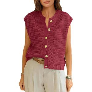 imageANRABESS Women Sweater Vests Sleeveless Cardigan Casual Loose Knit Button Down Sweater Tops 2025 Spring Summer Trendy OutfitsRed