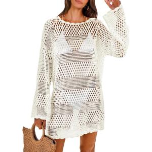 imageANRABESS Women Swimsuit Crochet Swim Cover Up 2025 Summer Bathing Suit Swimwear Mesh Knit Beach Dress Vacation OutfitsCream White