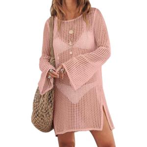imageANRABESS Women Swimsuit Swim Coverup 2025 Long Sleeve Mini Crochet Pool Bathing Suit Swimwear Mesh Knit Beach Vacation DressNude Pink