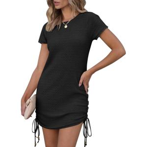 imageANRABESS Women Swimwear Cover Up Short Sleeve Knit T Shirt Dress 2025 Summer Beach Drawstring Swim Suit Crochet Mini DressesBlack