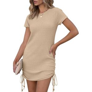 imageANRABESS Women Swimwear Cover Up Short Sleeve Knit T Shirt Dress 2025 Summer Beach Drawstring Swim Suit Crochet Mini DressesKhaki