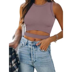 imageANRABESS Women Tank Tops High Neck Sleeveless Sexy Cutout Racer Back Going Out Crop Tops Shirts Summer Y2K OutfitsNutmeg