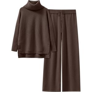 imageANRABESS Women Two Piece Outfits Oversized Turtleneck Knit Pullover Sweater Top Wide Leg Pants Lounge Set Sweatsuit 2025 FallChocola