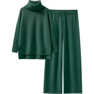 imageANRABESS Women Two Piece Outfits Oversized Turtleneck Knit Pullover Sweater Top Wide Leg Pants Lounge Set Sweatsuit 2025 FallDark Green