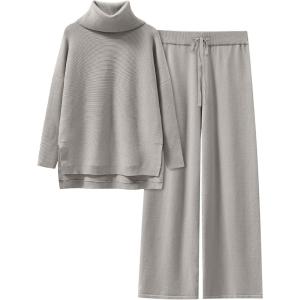 imageANRABESS Women Two Piece Outfits Oversized Turtleneck Knit Pullover Sweater Top Wide Leg Pants Lounge Set Sweatsuit 2025 FallGray Apricort