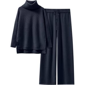 imageANRABESS Women Two Piece Outfits Oversized Turtleneck Knit Pullover Sweater Top Wide Leg Pants Lounge Set Sweatsuit 2025 FallNavy Blue