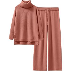 imageANRABESS Women Two Piece Outfits Oversized Turtleneck Knit Pullover Sweater Top Wide Leg Pants Lounge Set Sweatsuit 2025 FallRust