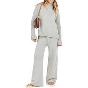 imageANRABESS Womens 2 Piece Outfit Sweater Lounge Sets Long Sleeve Knit Pullover Wide Leg Pant Tracksuit Loungewear 2025 FashionGrey