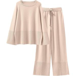 imageANRABESS Womens 2 Piece Outfits Oversized Knit Sweater Set Wide Leg Pant Cozy Lounge Matching Pajama Sets 2025 Trendy ClothesApricot