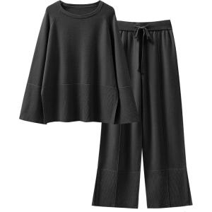 imageANRABESS Womens 2 Piece Outfits Oversized Knit Sweater Set Wide Leg Pant Cozy Lounge Matching Pajama Sets 2025 Trendy ClothesBlack