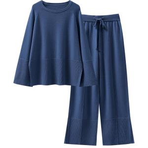 imageANRABESS Womens 2 Piece Outfits Oversized Knit Sweater Set Wide Leg Pant Cozy Lounge Matching Pajama Sets 2025 Trendy ClothesBlue