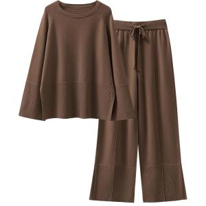 imageANRABESS Womens 2 Piece Outfits Oversized Knit Sweater Set Wide Leg Pant Cozy Lounge Matching Pajama Sets 2025 Trendy ClothesBrown