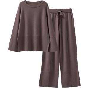 imageANRABESS Womens 2 Piece Outfits Oversized Knit Sweater Set Wide Leg Pant Cozy Lounge Matching Pajama Sets 2025 Trendy ClothesCoffee