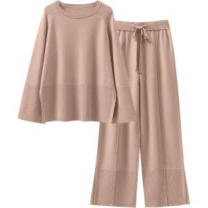 imageANRABESS Womens 2 Piece Outfits Oversized Knit Sweater Set Wide Leg Pant Cozy Lounge Matching Pajama Sets 2025 Trendy ClothesDeep Apricot