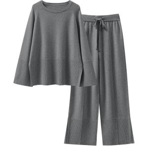imageANRABESS Womens 2 Piece Outfits Oversized Knit Sweater Set Wide Leg Pant Cozy Lounge Matching Pajama Sets 2025 Trendy ClothesGray
