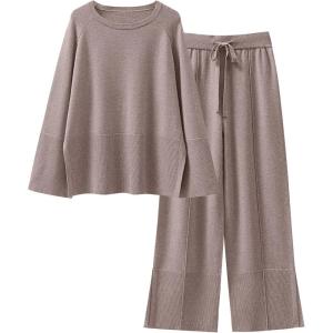 imageANRABESS Womens 2 Piece Outfits Oversized Knit Sweater Set Wide Leg Pant Cozy Lounge Matching Pajama Sets 2025 Trendy ClothesRed Apricot