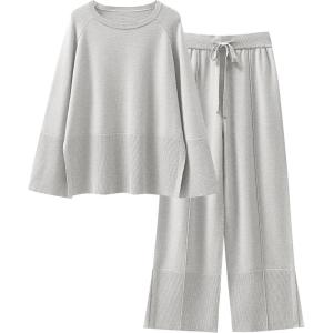 imageANRABESS Womens 2 Piece Outfits Oversized Knit Sweater Set Wide Leg Pant Cozy Lounge Matching Pajama Sets 2025 Trendy ClothesSmoky Gray