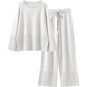 imageANRABESS Womens 2 Piece Outfits Oversized Knit Sweater Set Wide Leg Pant Cozy Lounge Matching Pajama Sets 2025 Trendy ClothesWhite