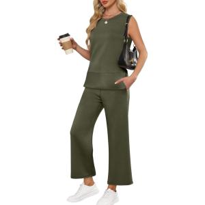imageANRABESS Womens 2 Piece Sets Summer Travel Airplane Outfits Sleeveless Wide Leg Casual Lounge Matching Sweat Set SweatsuitsArmy Green