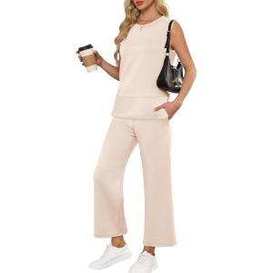imageANRABESS Womens 2 Piece Sets Summer Travel Airplane Outfits Sleeveless Wide Leg Casual Lounge Matching Sweat Set SweatsuitsBeige