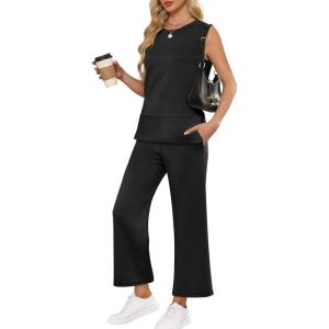 imageANRABESS Womens 2 Piece Sets Summer Travel Airplane Outfits Sleeveless Wide Leg Casual Lounge Matching Sweat Set SweatsuitsBlack
