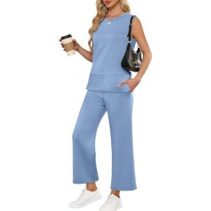 imageANRABESS Womens 2 Piece Sets Summer Travel Airplane Outfits Sleeveless Wide Leg Casual Lounge Matching Sweat Set SweatsuitsBlue