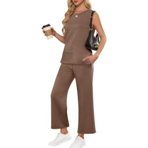 imageANRABESS Womens 2 Piece Sets Summer Travel Airplane Outfits Sleeveless Wide Leg Casual Lounge Matching Sweat Set SweatsuitsBrown