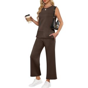 imageANRABESS Womens 2 Piece Sets Summer Travel Airplane Outfits Sleeveless Wide Leg Casual Lounge Matching Sweat Set SweatsuitsCoffee