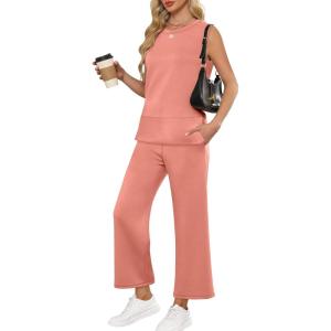 imageANRABESS Womens 2 Piece Sets Summer Travel Airplane Outfits Sleeveless Wide Leg Casual Lounge Matching Sweat Set SweatsuitsCoral