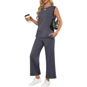 imageANRABESS Womens 2 Piece Sets Summer Travel Airplane Outfits Sleeveless Wide Leg Casual Lounge Matching Sweat Set SweatsuitsDark Grey