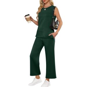imageANRABESS Womens 2 Piece Sets Summer Travel Airplane Outfits Sleeveless Wide Leg Casual Lounge Matching Sweat Set SweatsuitsDeep Green