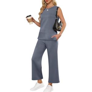 imageANRABESS Womens 2 Piece Sets Summer Travel Airplane Outfits Sleeveless Wide Leg Casual Lounge Matching Sweat Set SweatsuitsGrey Blue