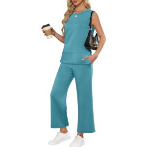 imageANRABESS Womens 2 Piece Sets Summer Travel Airplane Outfits Sleeveless Wide Leg Casual Lounge Matching Sweat Set SweatsuitsLake
