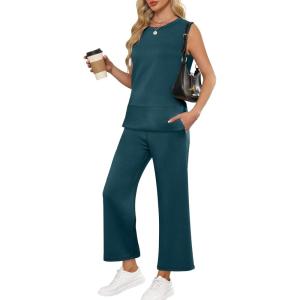 imageANRABESS Womens 2 Piece Sets Summer Travel Airplane Outfits Sleeveless Wide Leg Casual Lounge Matching Sweat Set SweatsuitsLake Green