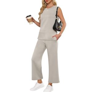 imageANRABESS Womens 2 Piece Sets Summer Travel Airplane Outfits Sleeveless Wide Leg Casual Lounge Matching Sweat Set SweatsuitsLight Beige