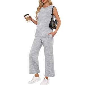 imageANRABESS Womens 2 Piece Sets Summer Travel Airplane Outfits Sleeveless Wide Leg Casual Lounge Matching Sweat Set SweatsuitsLight Grey