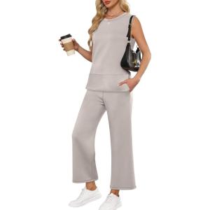 imageANRABESS Womens 2 Piece Sets Summer Travel Airplane Outfits Sleeveless Wide Leg Casual Lounge Matching Sweat Set SweatsuitsLight Khaki