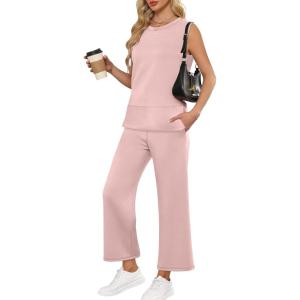 imageANRABESS Womens 2 Piece Sets Summer Travel Airplane Outfits Sleeveless Wide Leg Casual Lounge Matching Sweat Set SweatsuitsLight Pink