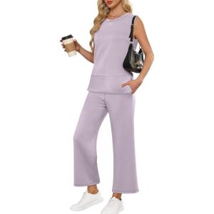 imageANRABESS Womens 2 Piece Sets Summer Travel Airplane Outfits Sleeveless Wide Leg Casual Lounge Matching Sweat Set SweatsuitsLight Purple