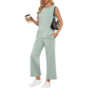 imageANRABESS Womens 2 Piece Sets Summer Travel Airplane Outfits Sleeveless Wide Leg Casual Lounge Matching Sweat Set SweatsuitsMint