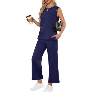 imageANRABESS Womens 2 Piece Sets Summer Travel Airplane Outfits Sleeveless Wide Leg Casual Lounge Matching Sweat Set SweatsuitsNavy