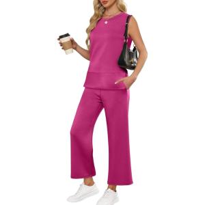imageANRABESS Womens 2 Piece Sets Summer Travel Airplane Outfits Sleeveless Wide Leg Casual Lounge Matching Sweat Set SweatsuitsRose Red