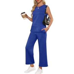 imageANRABESS Womens 2 Piece Sets Summer Travel Airplane Outfits Sleeveless Wide Leg Casual Lounge Matching Sweat Set SweatsuitsRoyal Blue